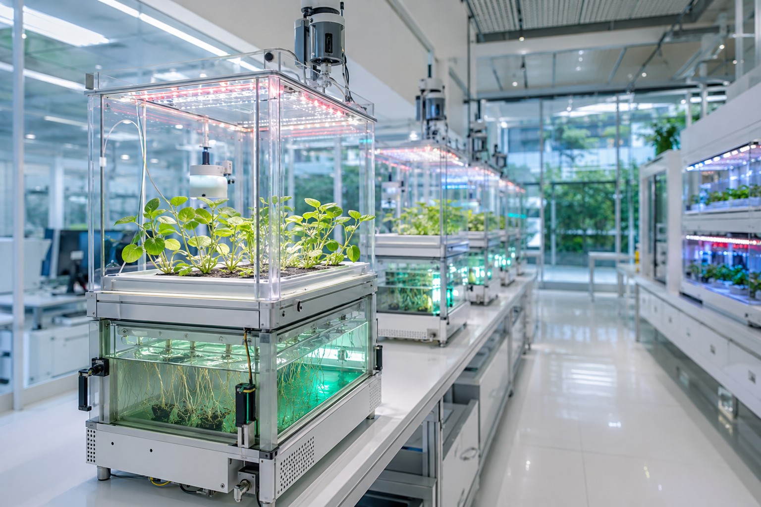 Concept visualization of modular Formula-G1 plant research chambers with separate root and shoot zones