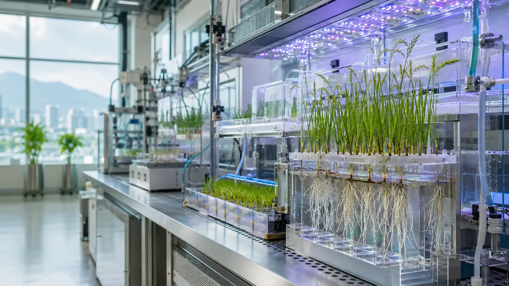 Concept visualization of rice plants in transparent research chambers with visible roots and controlled LED lighting