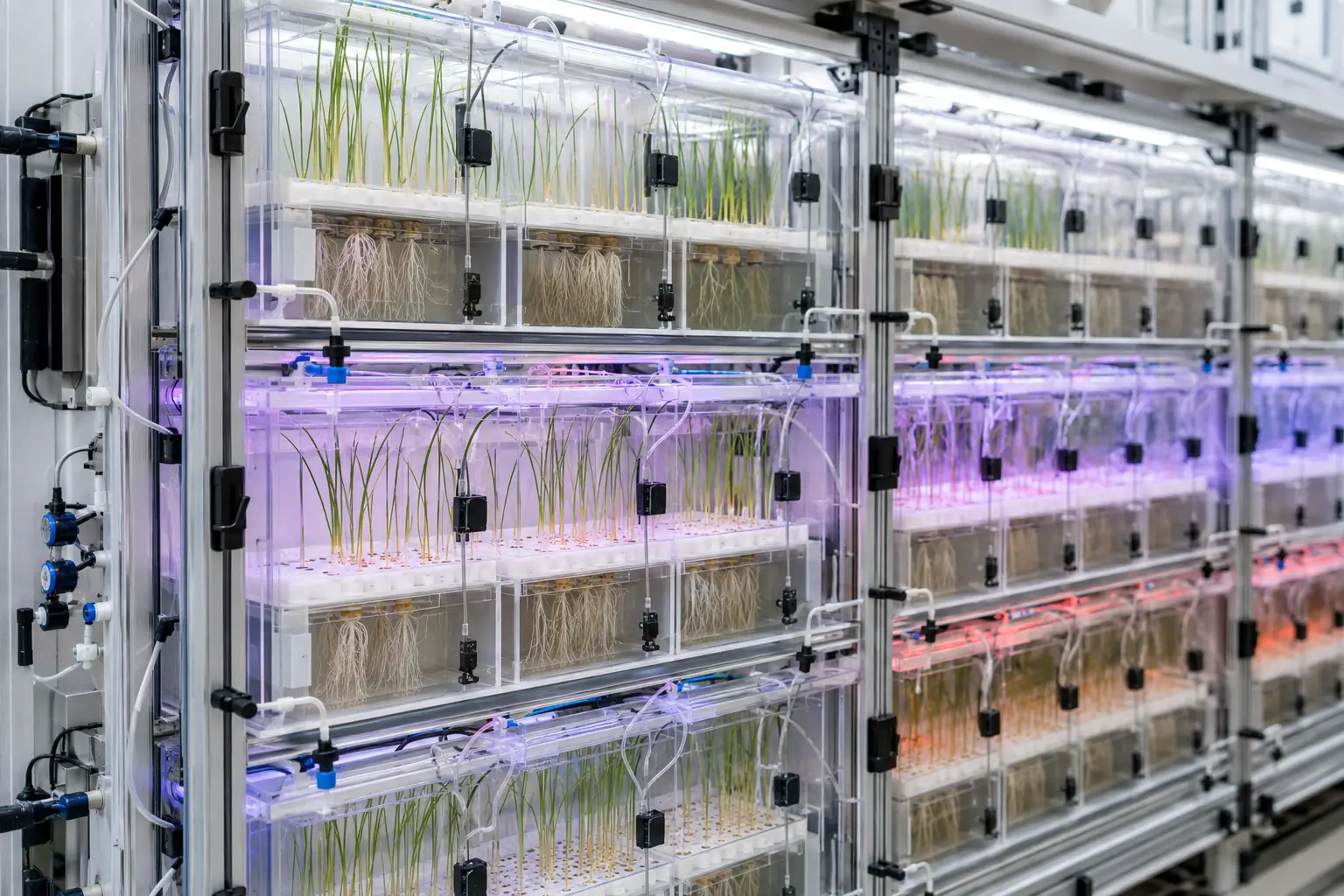 Concept visualization of an array of automated seed and plant research modules